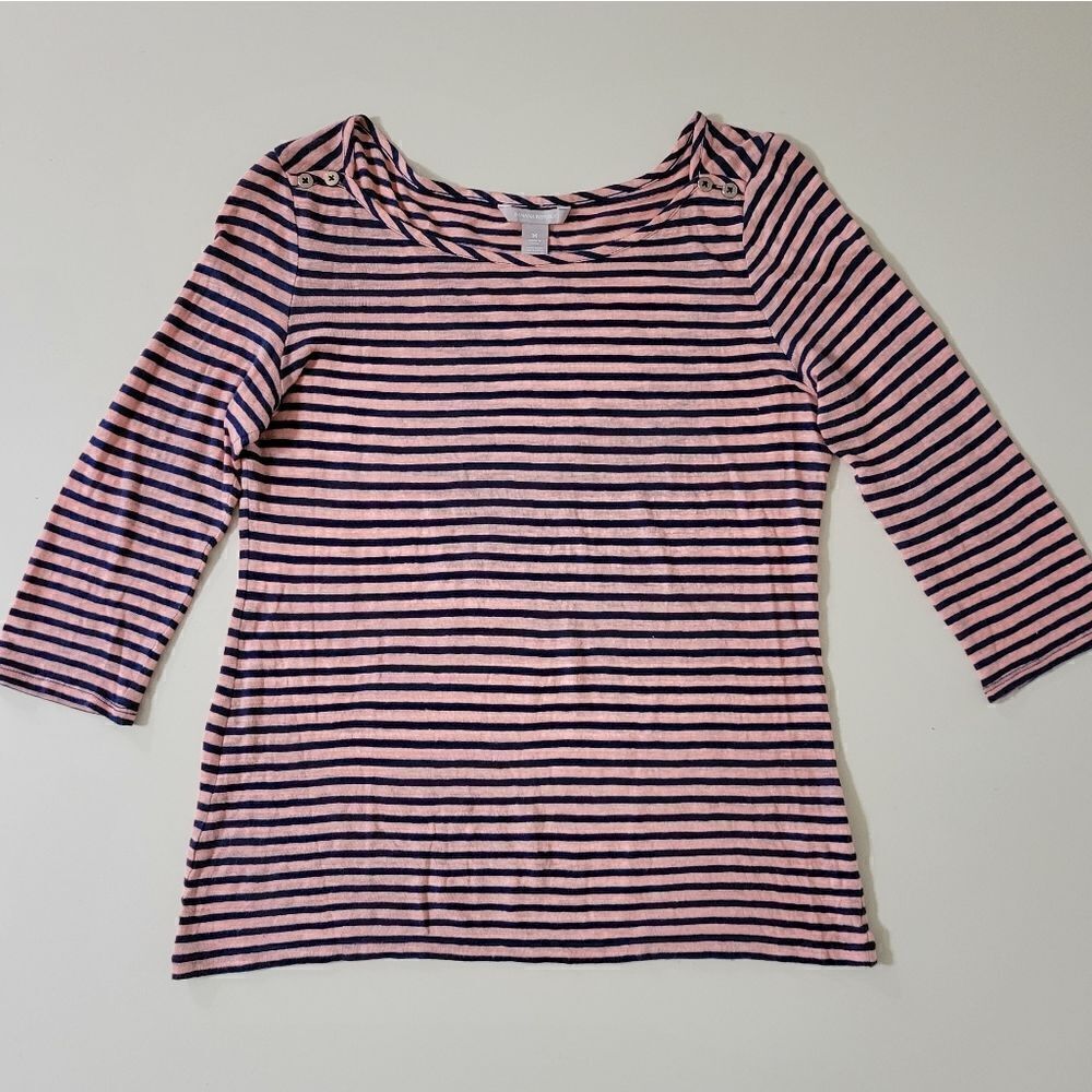 Banana Republic Women's Coral and Navy Linen Stripe Quarter Length Sleeve Top